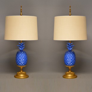 Pair of blue glazed ceramic pineapple lamps